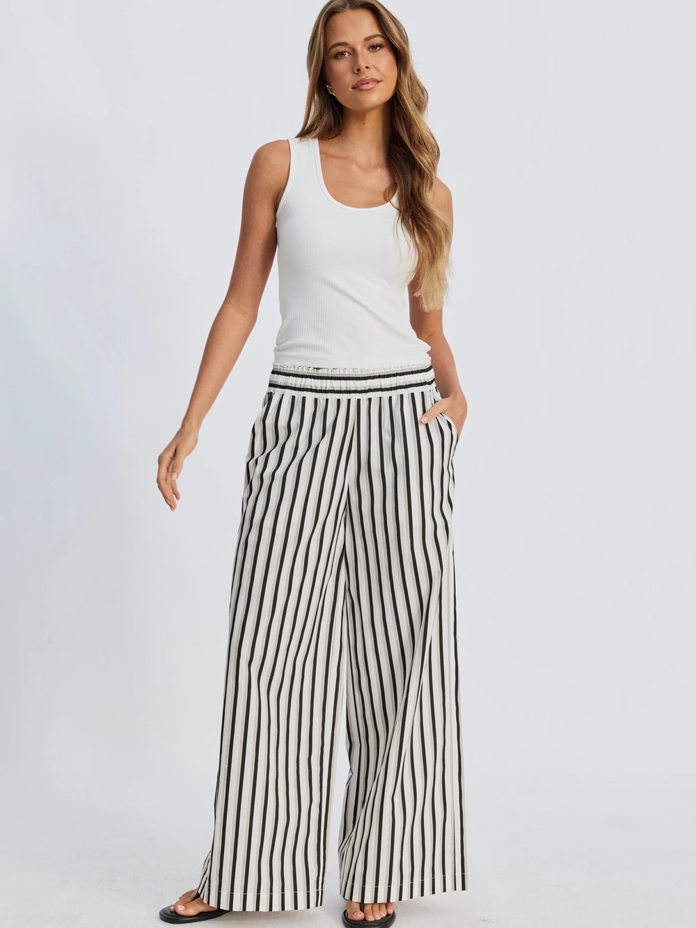Apero Piper Poplin Stripe Pant in White / Beige / Black, size S